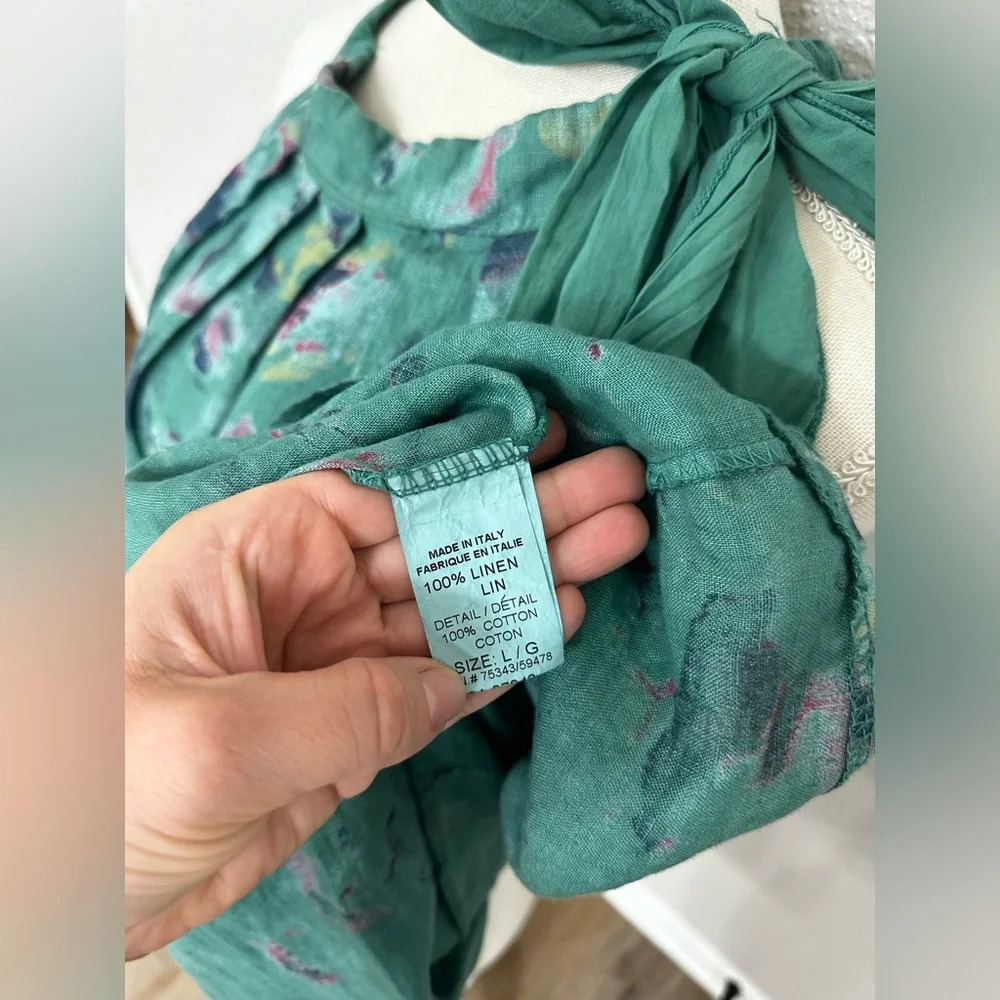 Bellambra Pure Linen Dress Made In Italy Halter Green Floral Pullover Tie Size L - Picture 7 of 10